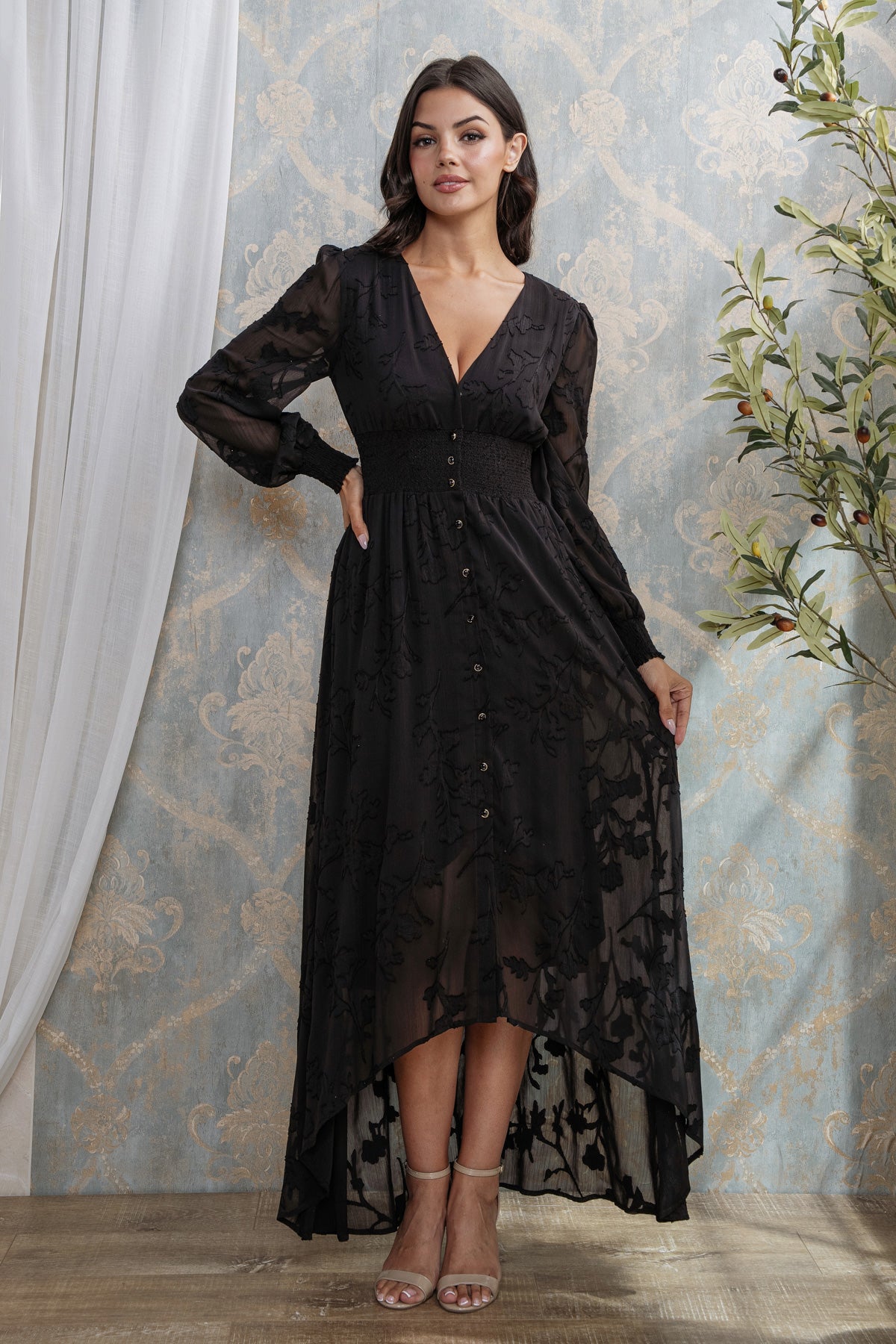 BURN OUT FLORAL SHAPED HIGH-LOW MAXI DRESS I BLACK