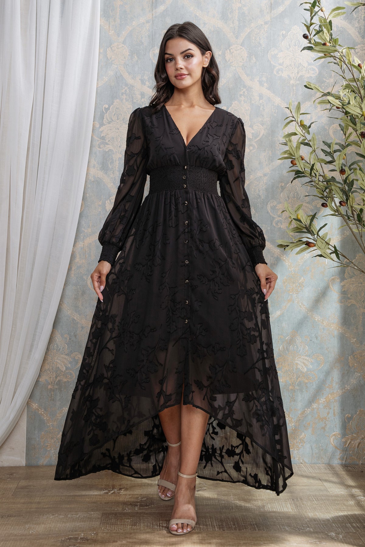 BURN OUT FLORAL SHAPED HIGH-LOW MAXI DRESS I BLACK