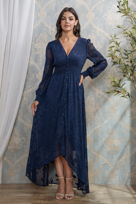 BURN OUT FLORAL SHAPED HIGH-LOW MAXI DRESS I NAVY