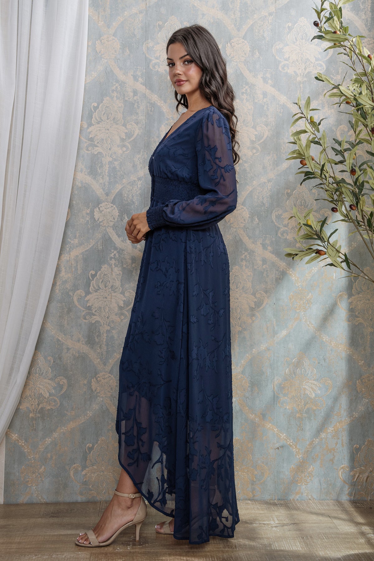 BURN OUT FLORAL SHAPED HIGH-LOW MAXI DRESS I NAVY
