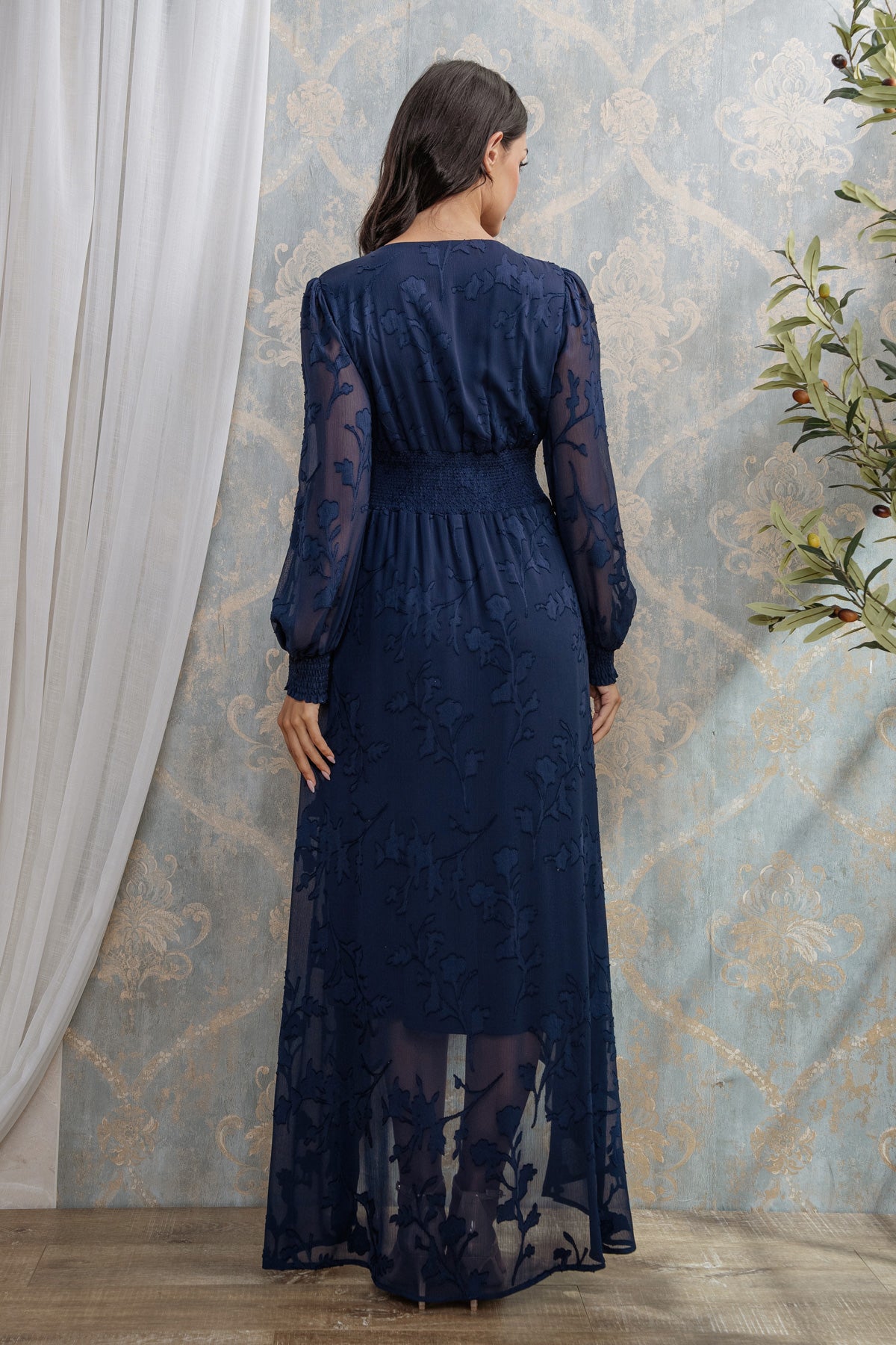 BURN OUT FLORAL SHAPED HIGH-LOW MAXI DRESS I NAVY