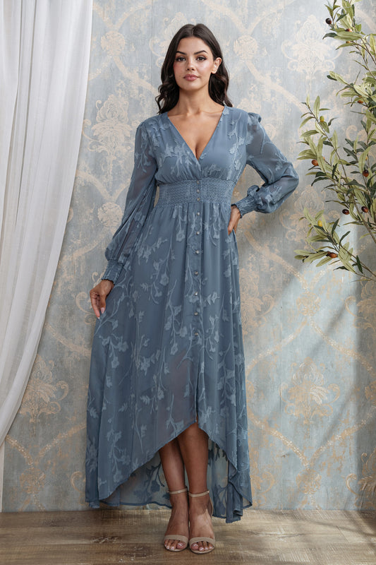 BURN OUT FLORAL SHAPED HIGH-LOW MAXI DRESS I SLATE BLUE