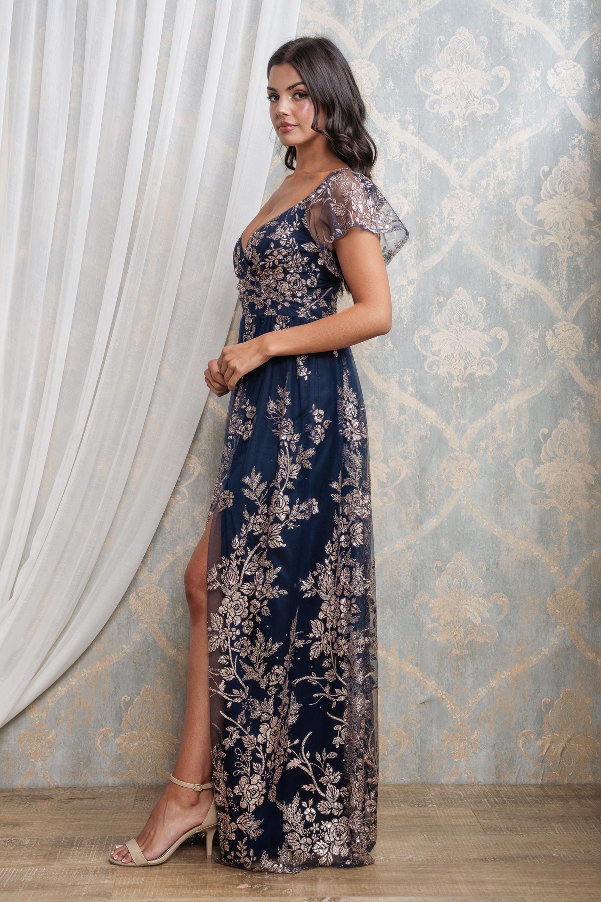 GLITTER SEQUINED FLUTTER SLEEVE MAXI DRESS I NAVY/ROSE