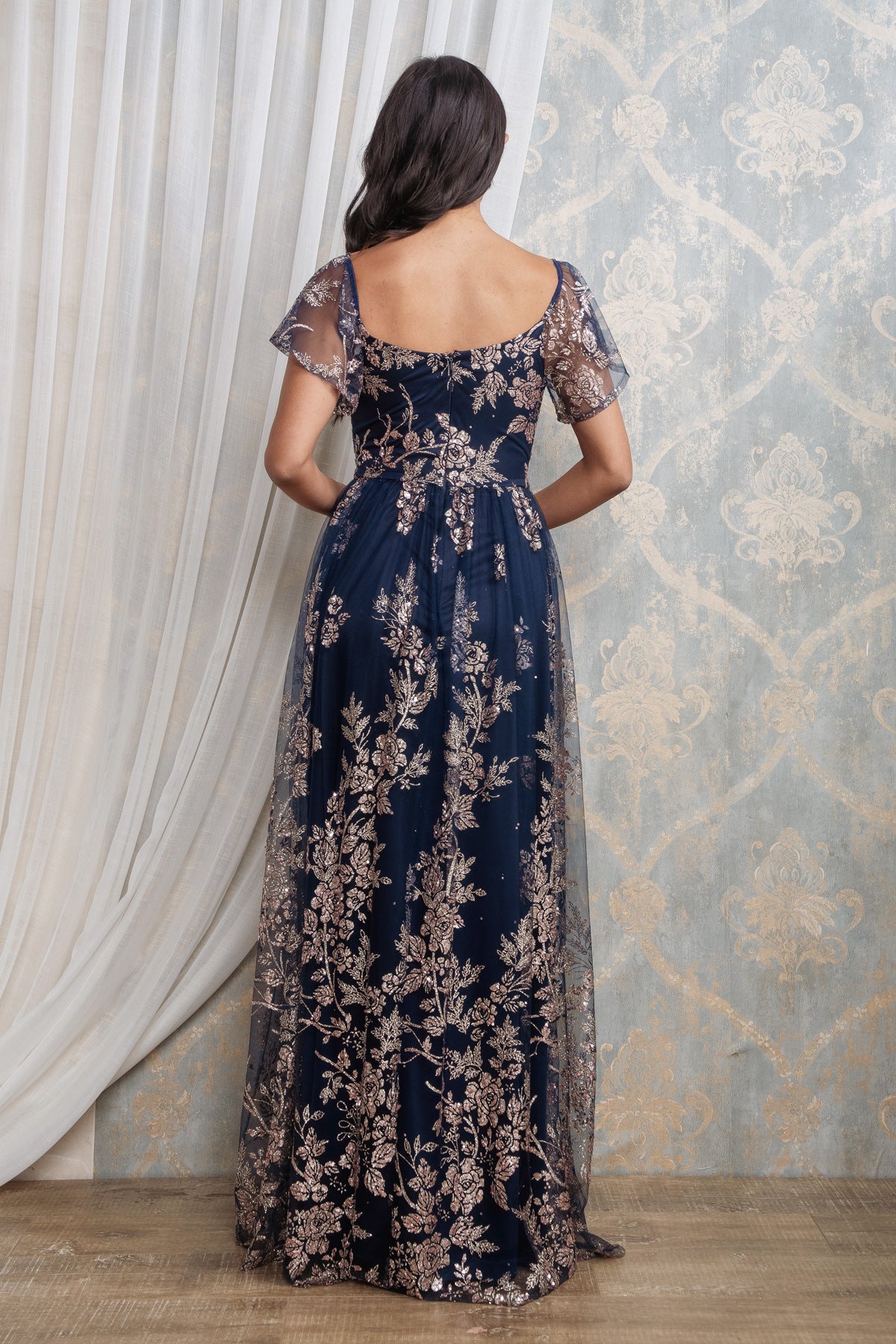 GLITTER SEQUINED FLUTTER SLEEVE MAXI DRESS I NAVY/ROSE