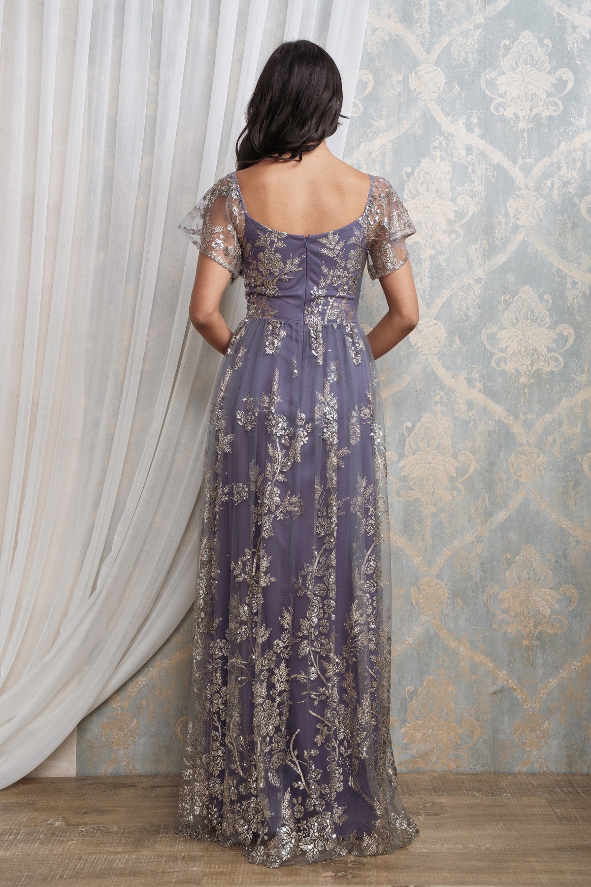 GLITTER SEQUINED FLUTTER SLEEVE MAXI DRESS I MIDNIGHT BLUE