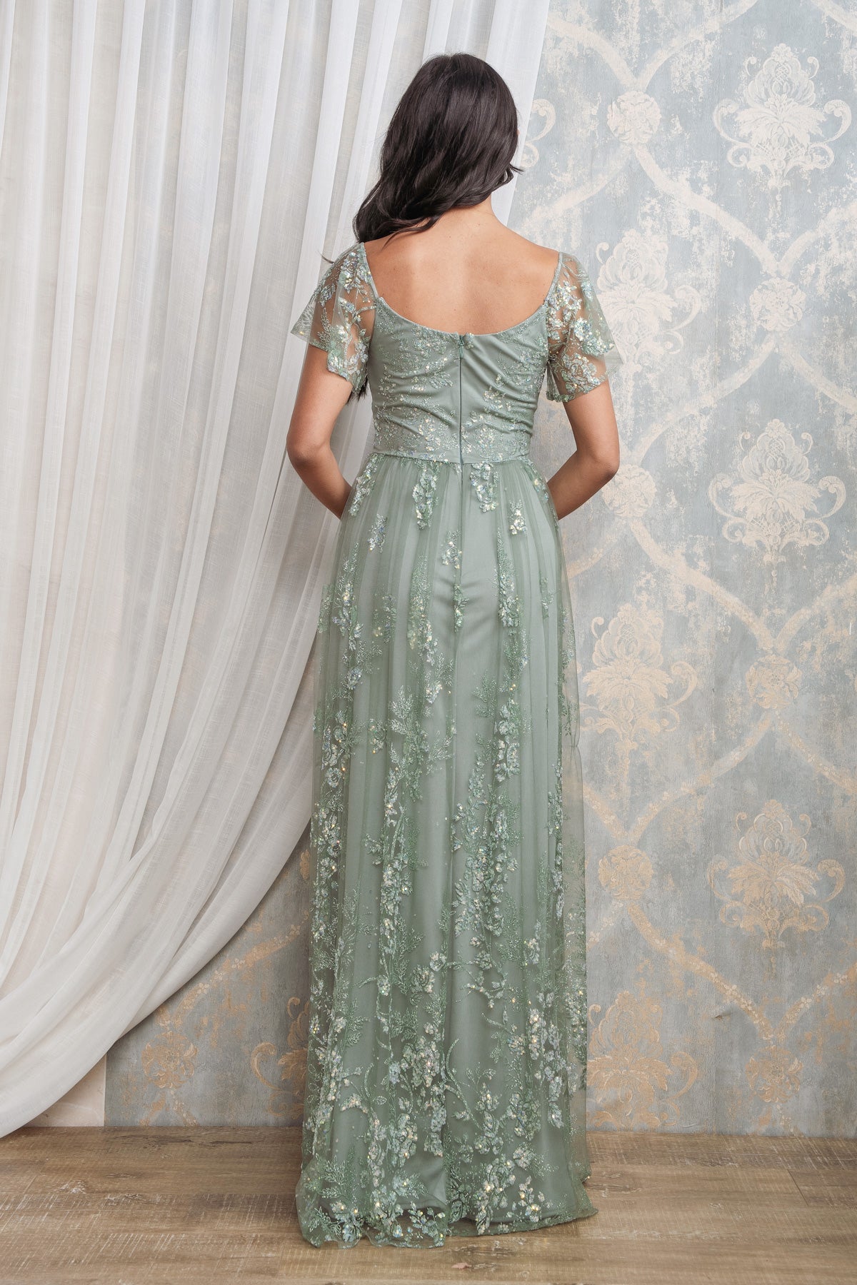 GLITTER SEQUINED FLUTTER SLEEVE MAXI DRESS I SAGE