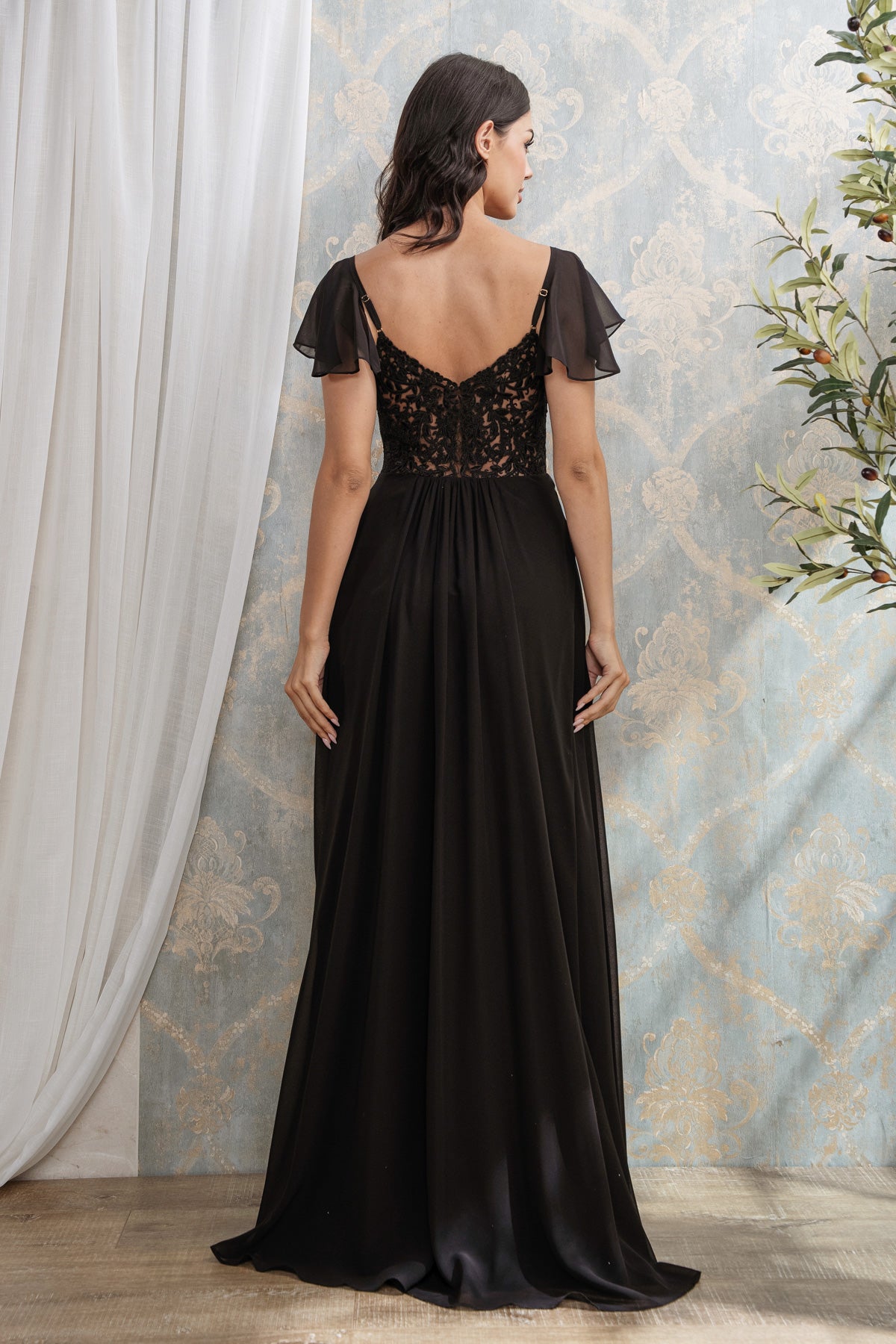 LACE EMBROIDERED MAXI WITH FLUTTER SLEEVES I BLACK