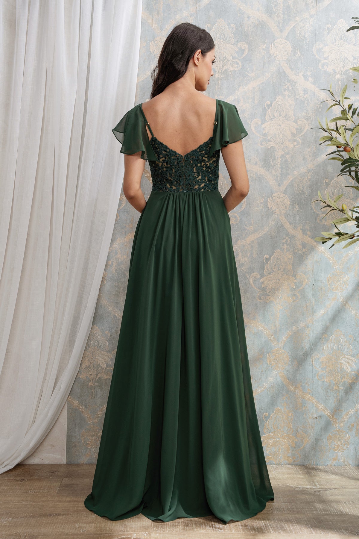LACE EMBROIDERED MAXI WITH FLUTTER SLEEVES I HUNTER GREEN