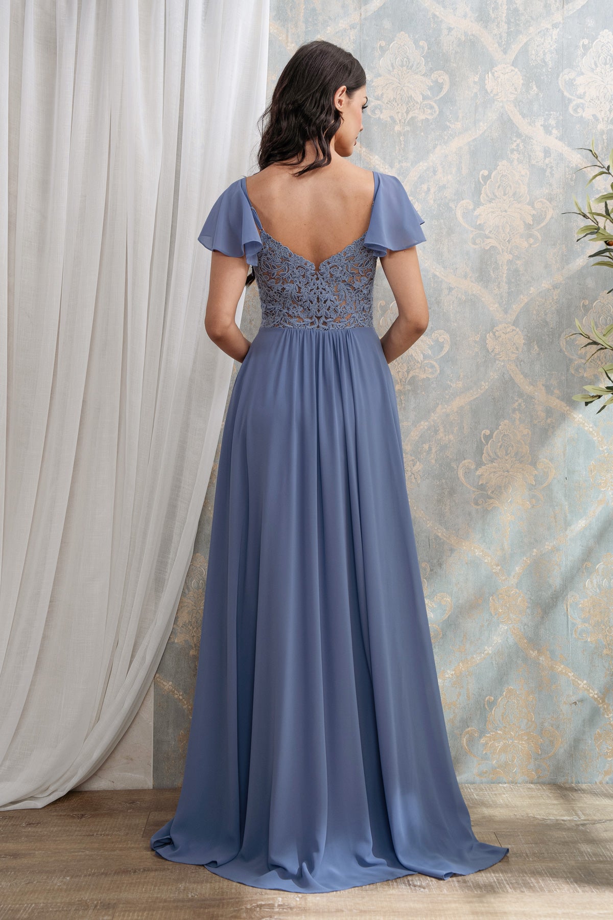 LACE EMBROIDERED MAXI WITH FLUTTER SLEEVES I SLATE BLUE