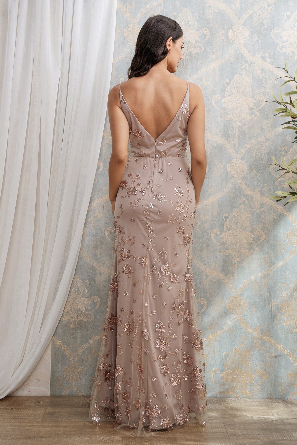 V NECK GLITTER SEQUINED MAXI DRESS I ROSE