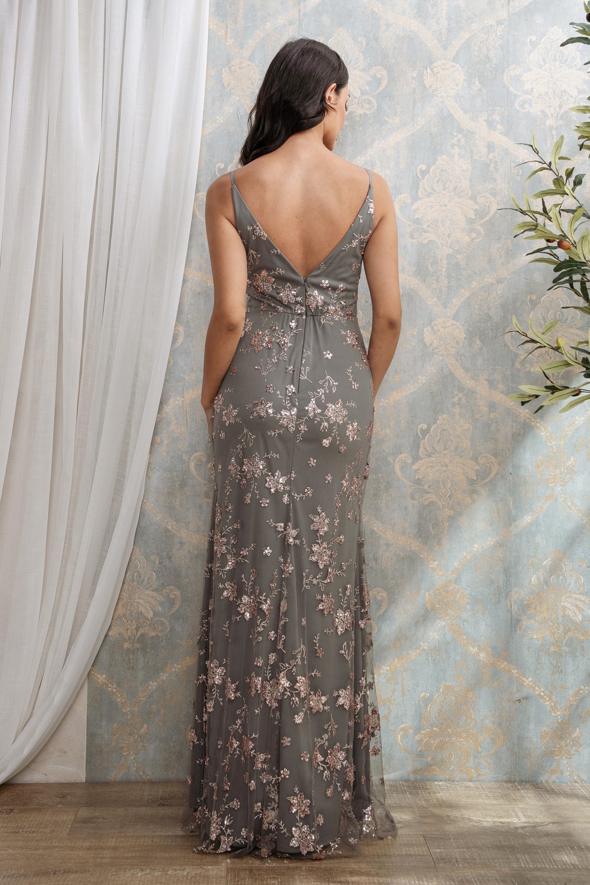 V NECK GLITTER SEQUINED MAXI DRESS I ROSE