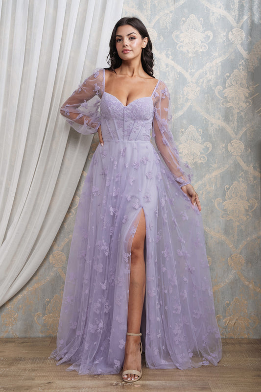 FLORAL PATTERN LONG SLEEVE CORSET MAXI I LAVENDER
