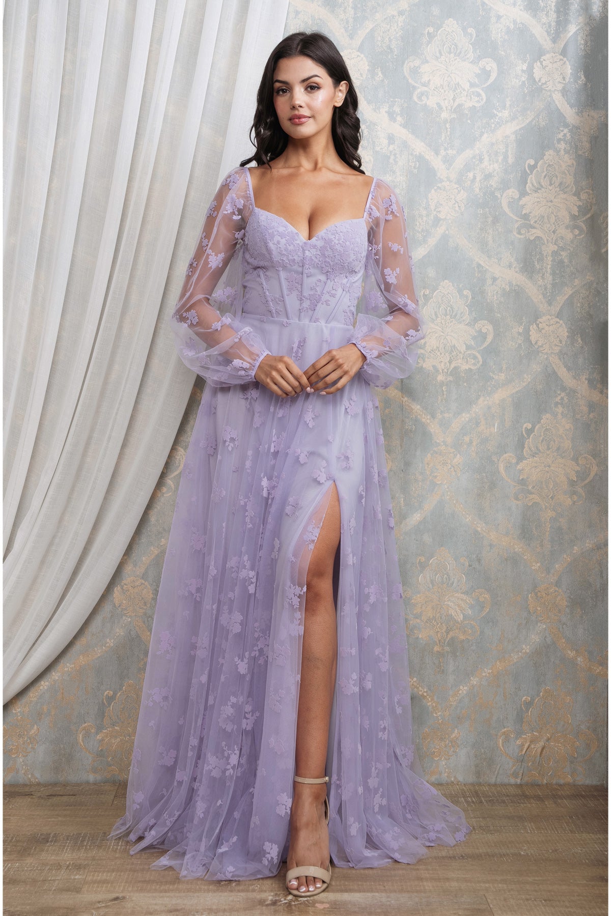 FLORAL PATTERN LONG SLEEVE CORSET MAXI I LAVENDER