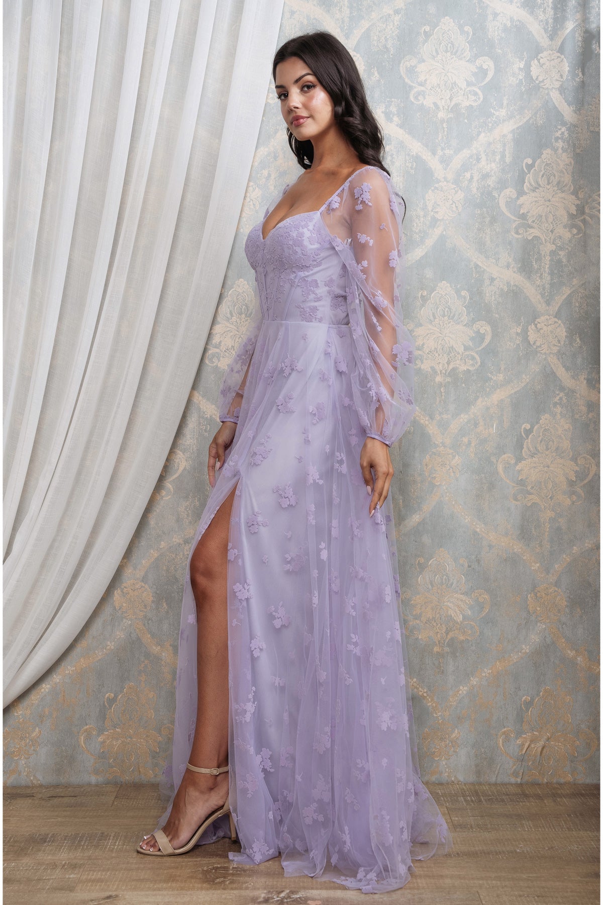FLORAL PATTERN LONG SLEEVE CORSET MAXI I LAVENDER