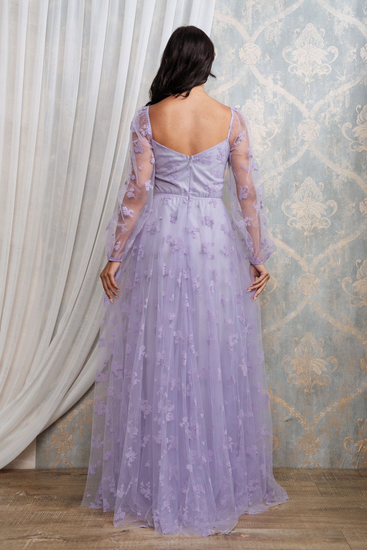 FLORAL PATTERN LONG SLEEVE CORSET MAXI I LAVENDER