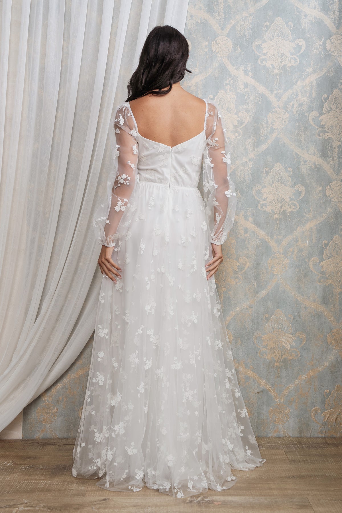 FLORAL PATTERN LONG SLEEVE CORSET MAXI I WHITE