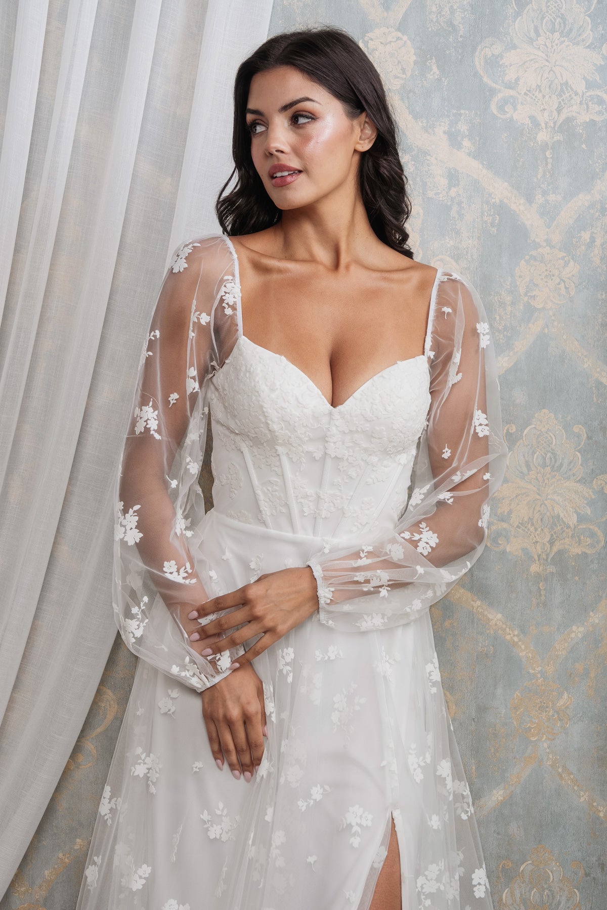 FLORAL PATTERN LONG SLEEVE CORSET MAXI I WHITE