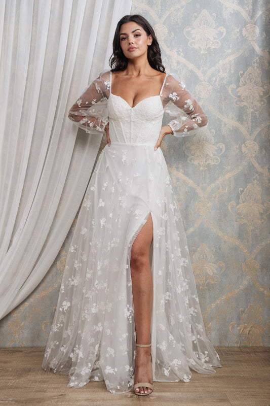 FLORAL PATTERN LONG SLEEVE CORSET MAXI I WHITE