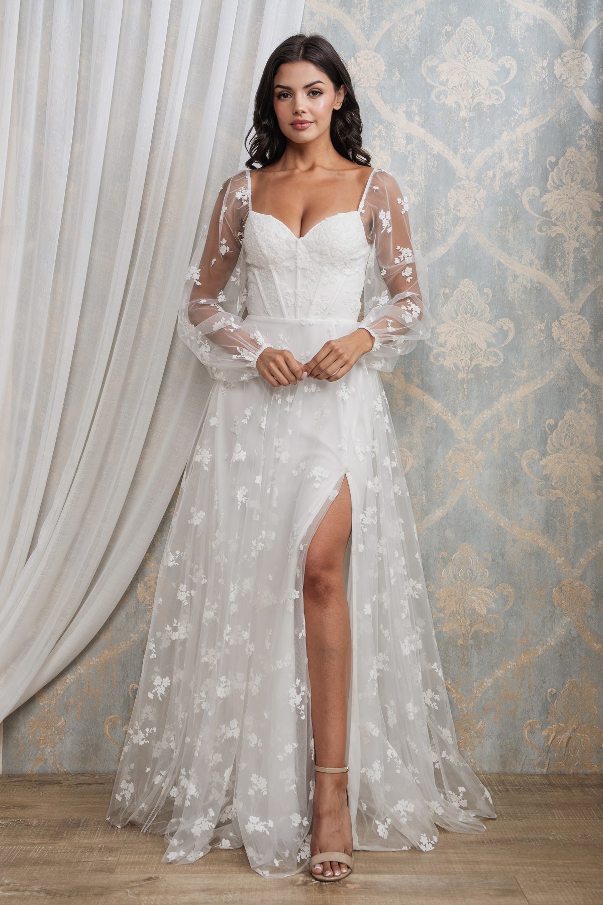 FLORAL PATTERN LONG SLEEVE CORSET MAXI I WHITE