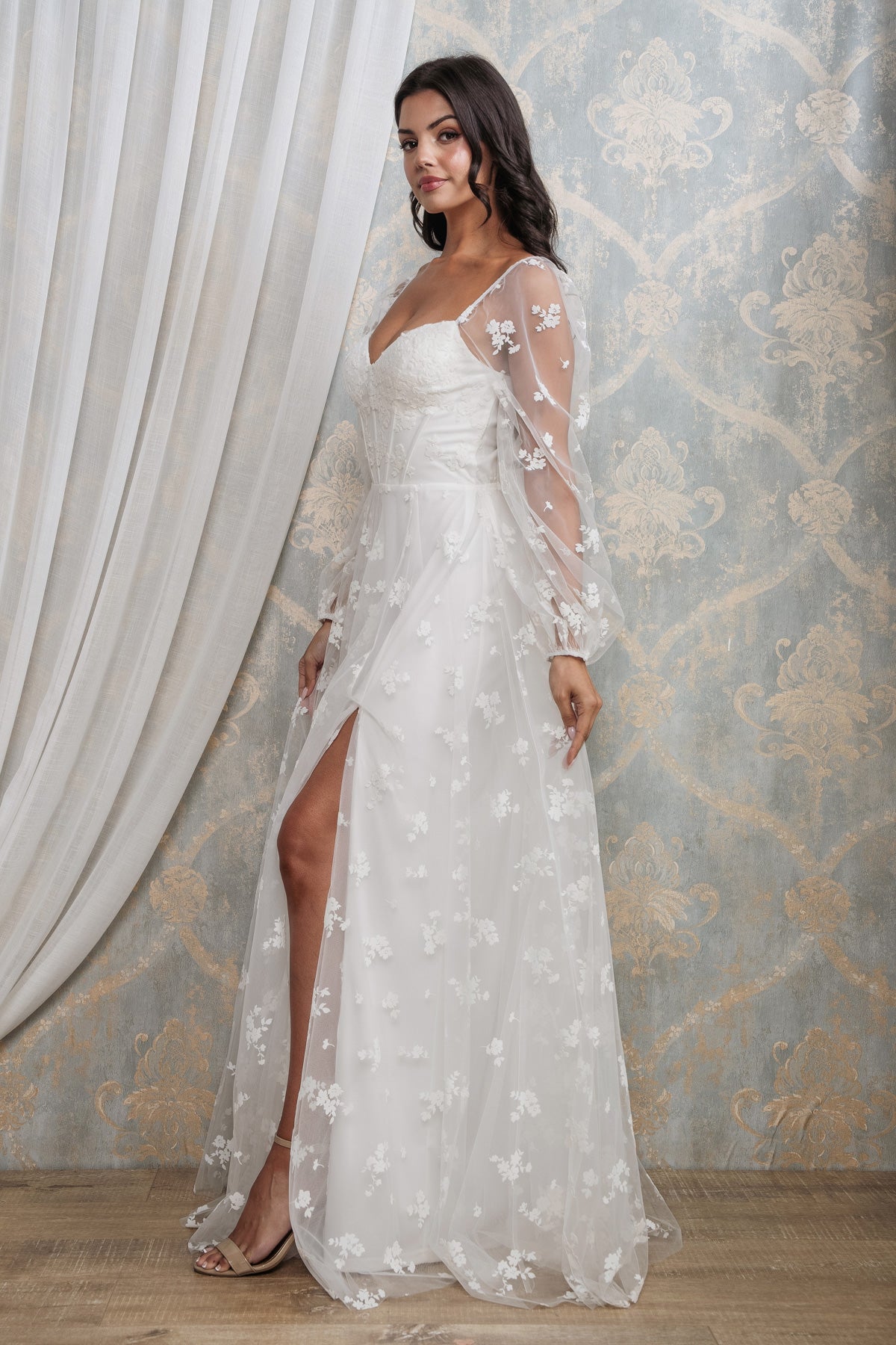 FLORAL PATTERN LONG SLEEVE CORSET MAXI I WHITE