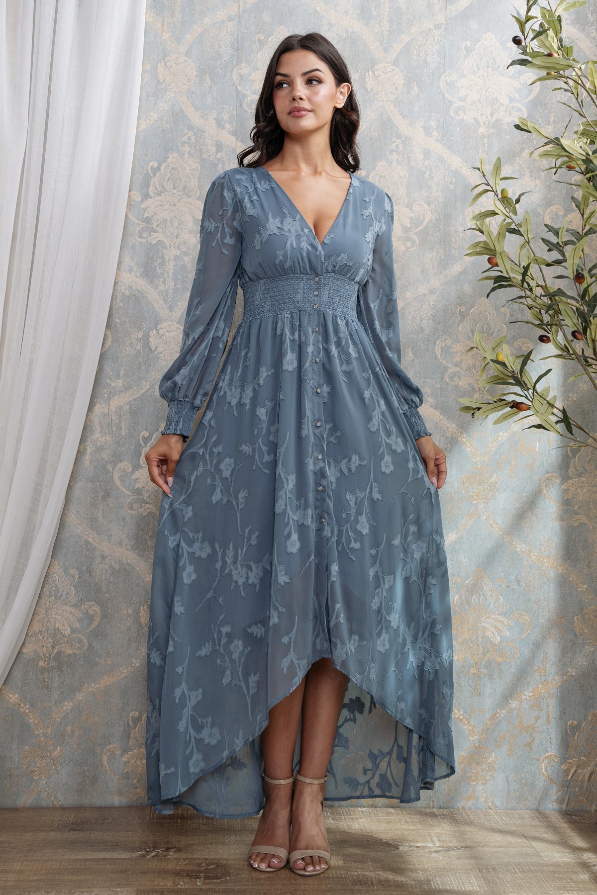BURN OUT FLORAL SHAPED HIGH-LOW MAXI DRESS I SLATE BLUE