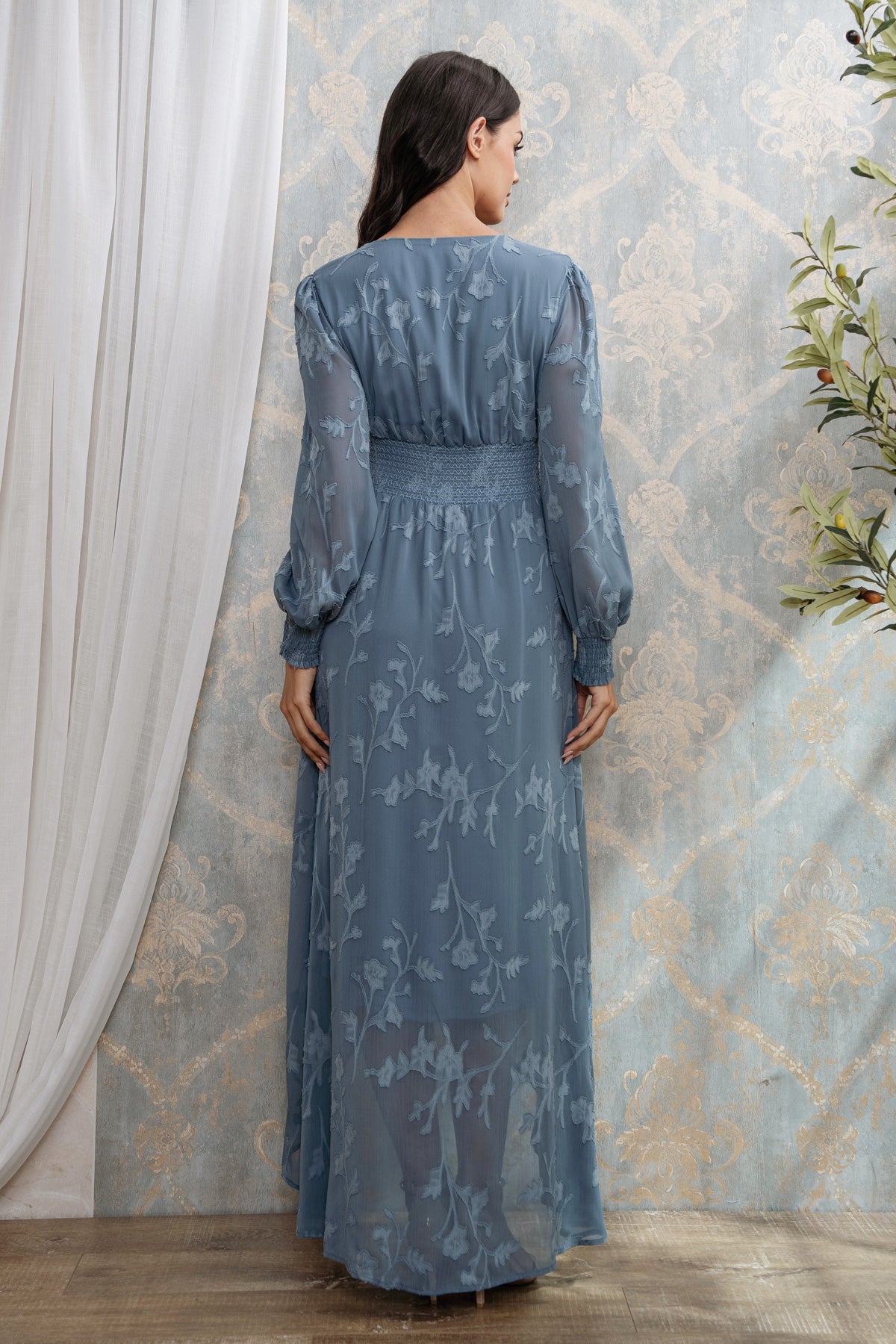 BURN OUT FLORAL SHAPED HIGH-LOW MAXI DRESS I SLATE BLUE