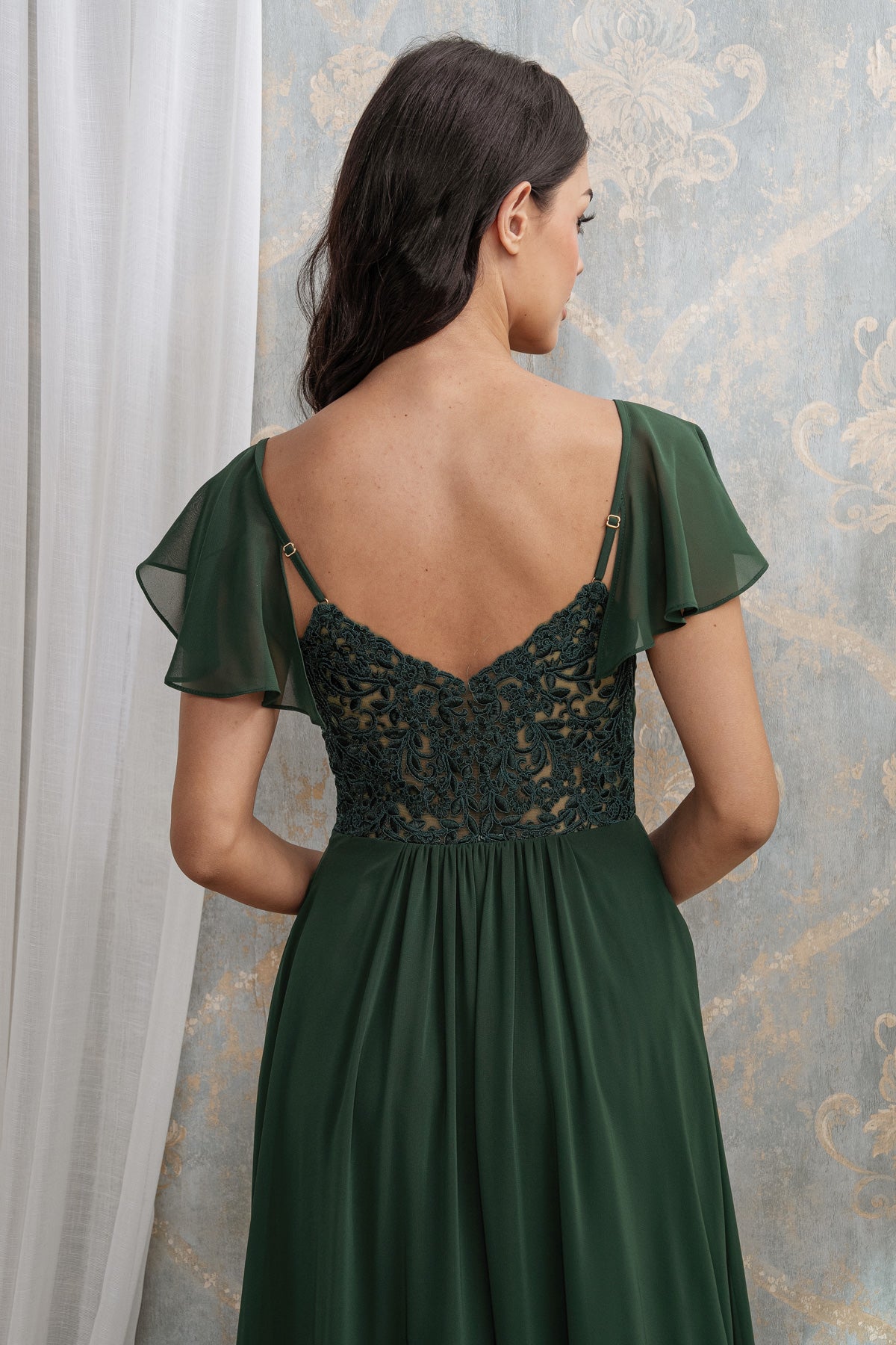 LACE EMBROIDERED MAXI WITH FLUTTER SLEEVES I HUNTER GREEN
