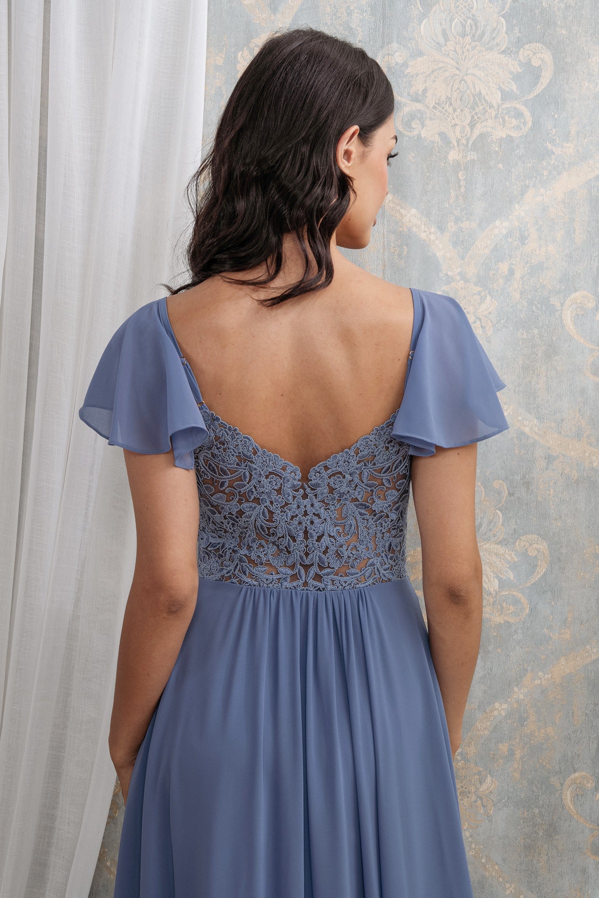 LACE EMBROIDERED MAXI WITH FLUTTER SLEEVES I SLATE BLUE