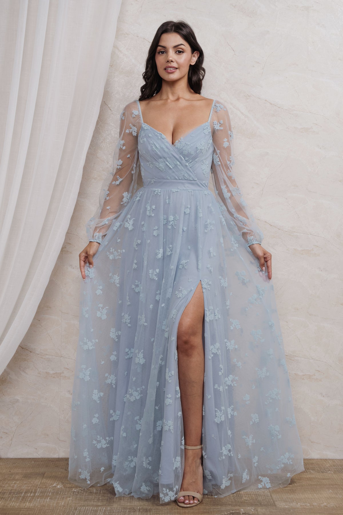BURN OUT FLORAL SURPLICE MAXI DRESS I DUSTY BLUE