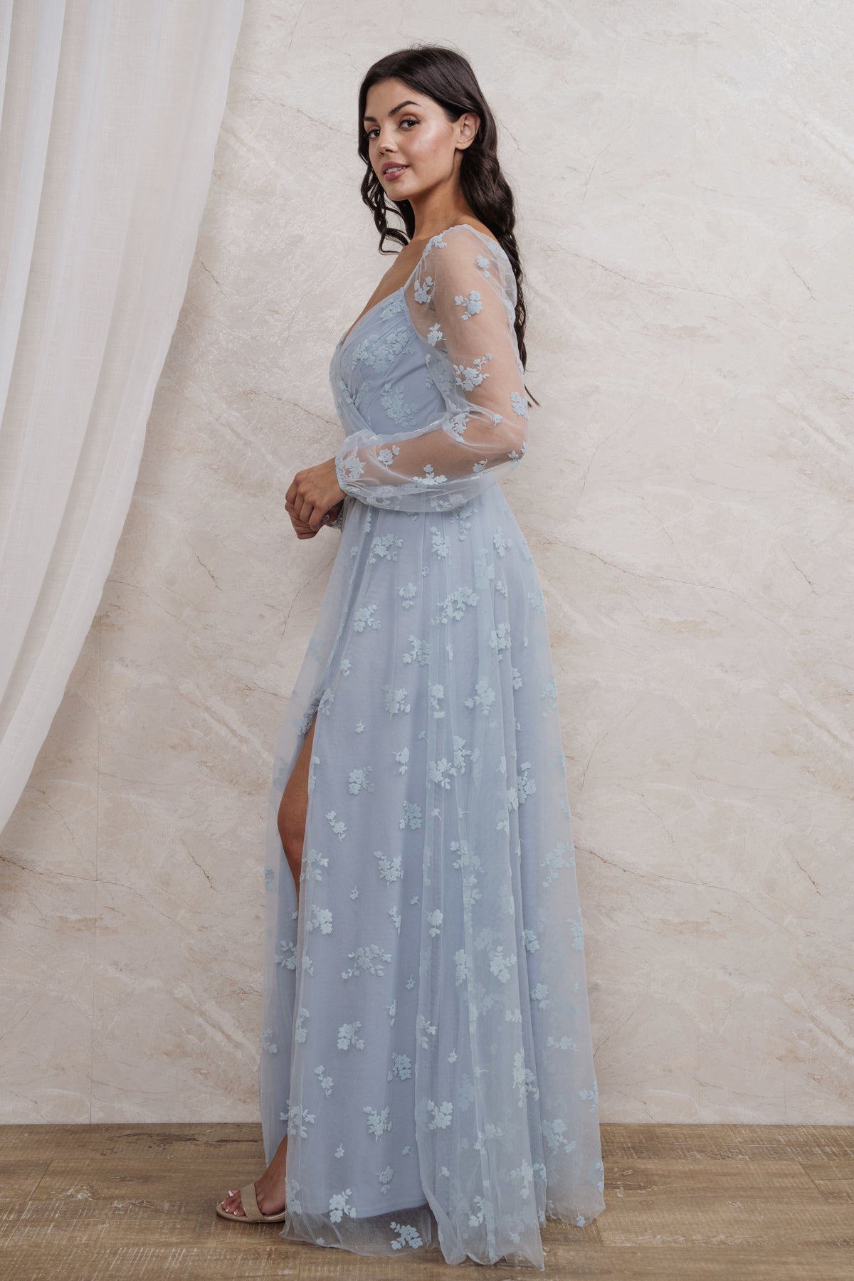 BURN OUT FLORAL SURPLICE MAXI DRESS I DUSTY BLUE