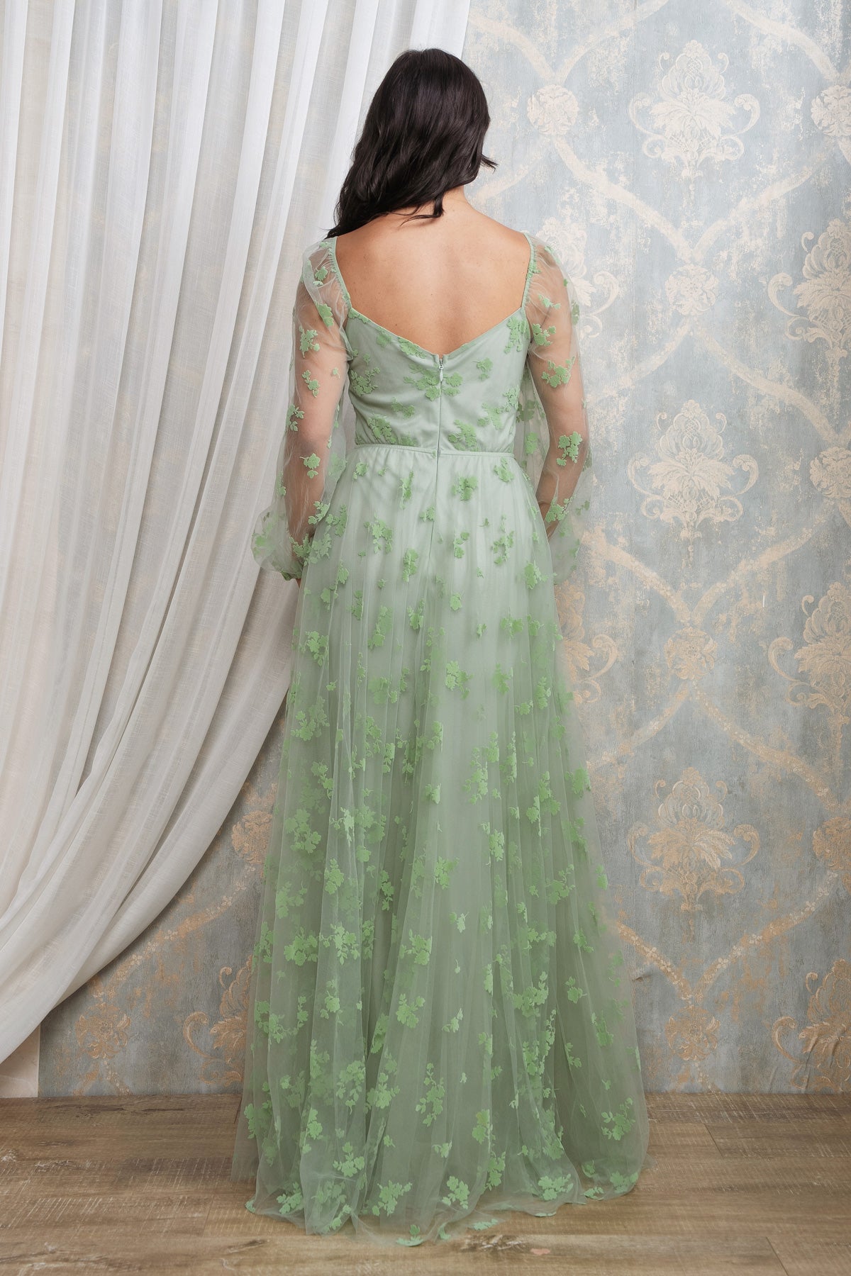 FLORAL PATTERN LONG SLEEVE CORSET MAXI I SAGE